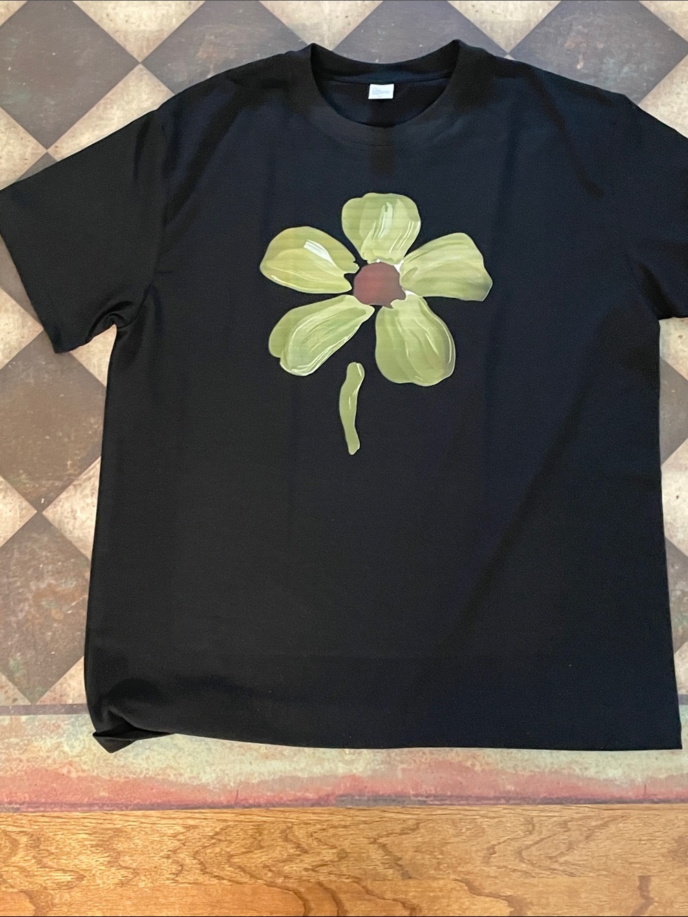 Black Short-Sleeve Tee with Olive Floral Graphic XL